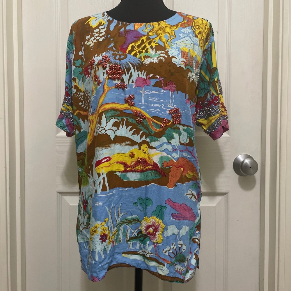 Vintage Naga Milo‎ Beaded Sequin Top Short Sleeve Tropical Shirt NWT Small Nude